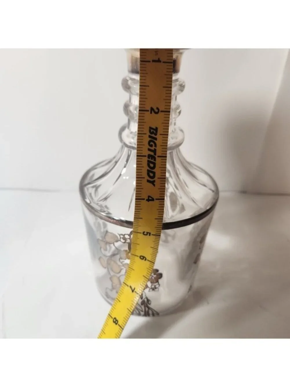Vintage‎ Clear Glass Decanter Silver Floral Overlay with Faceted Stopper 9.5in